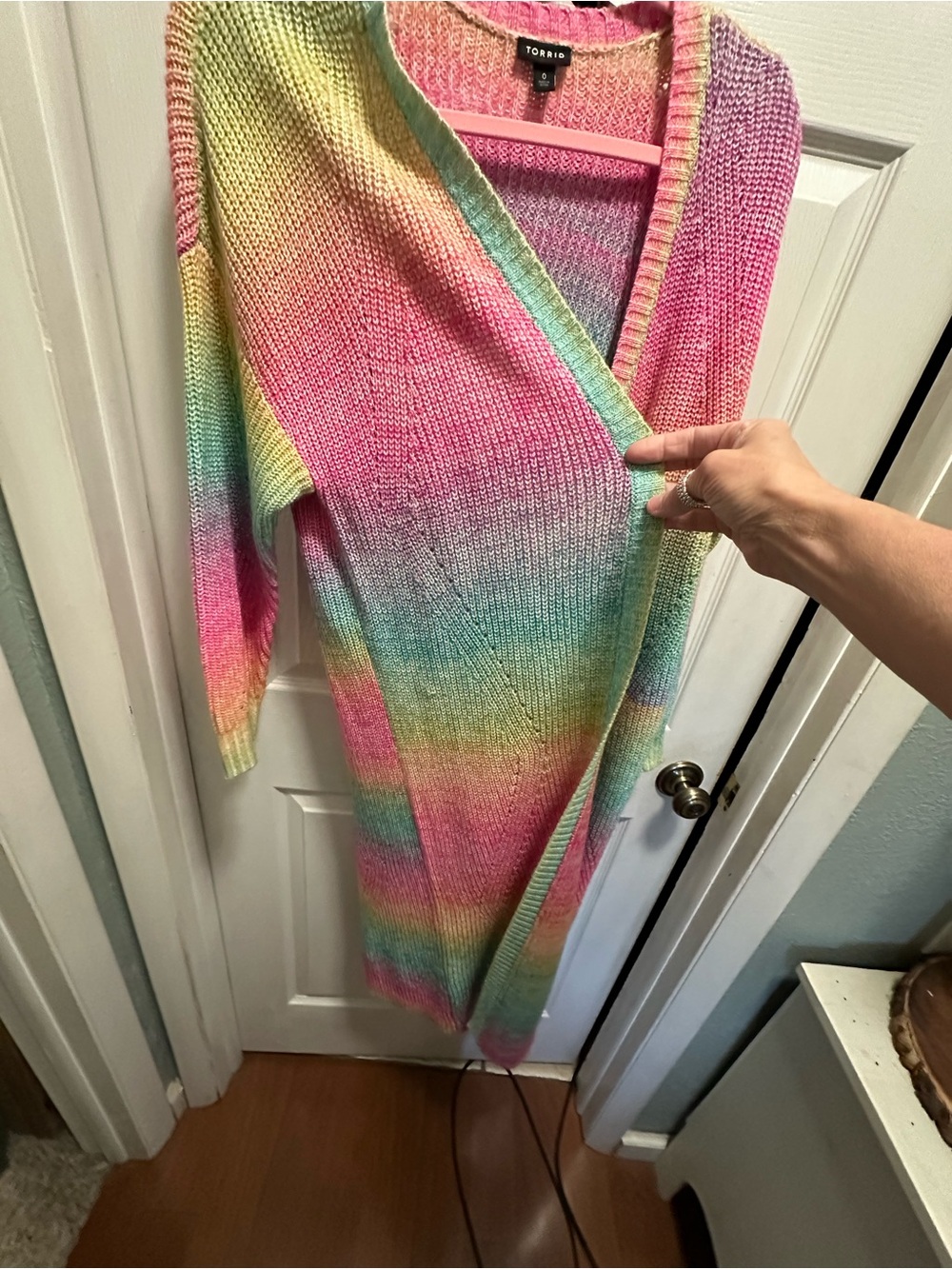 TORRID Pastel Rainbow Open-Front Long Cardigan Sweater - Picture 3 of 4
